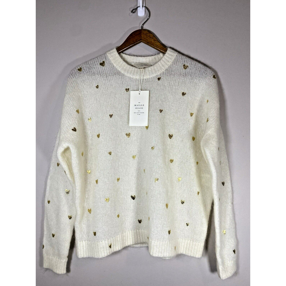 Sezane Cream Sweater with Gold Heart Accents